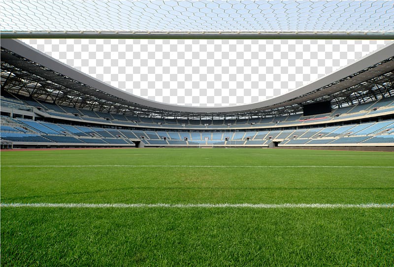 empty sports stadium under clear blue sky, Football pitch Stadium Computer file, Green stadium transparent background PNG clipart