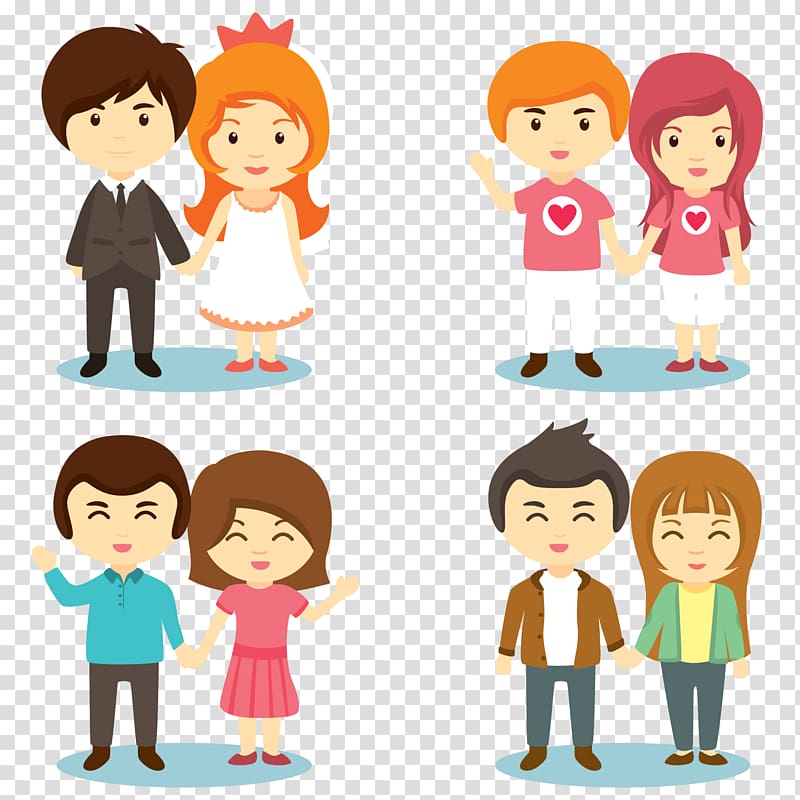 four couples illustration, couple Cartoon , Cartoon couple holding hands material transparent background PNG clipart
