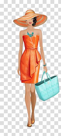 woman wearing orange dress , Paper Fashion Model Illustration, Women transparent background PNG clipart