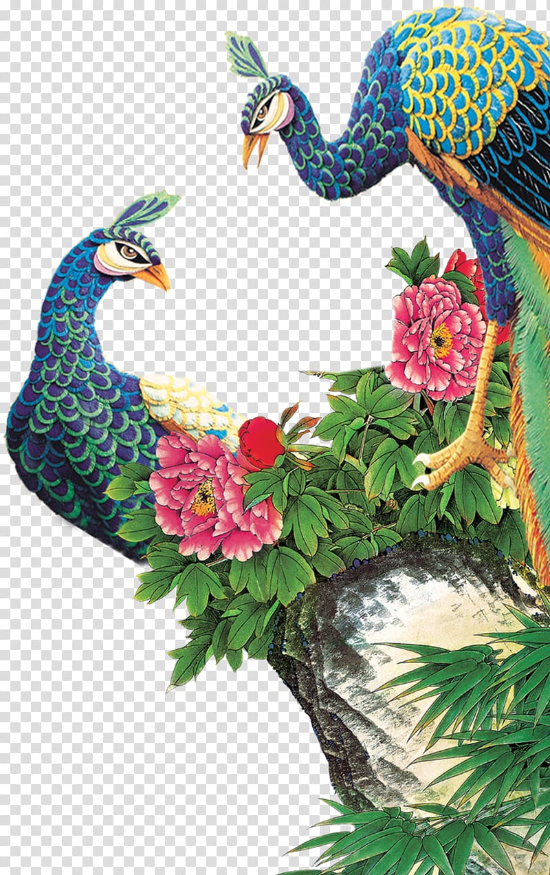 two green peacocks, Peafowl Painting, peacock transparent background PNG clipart
