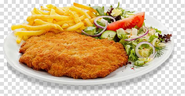 Wiener schnitzel French fries German cuisine Bistro, A Restaurant Menu In French transparent background PNG clipart