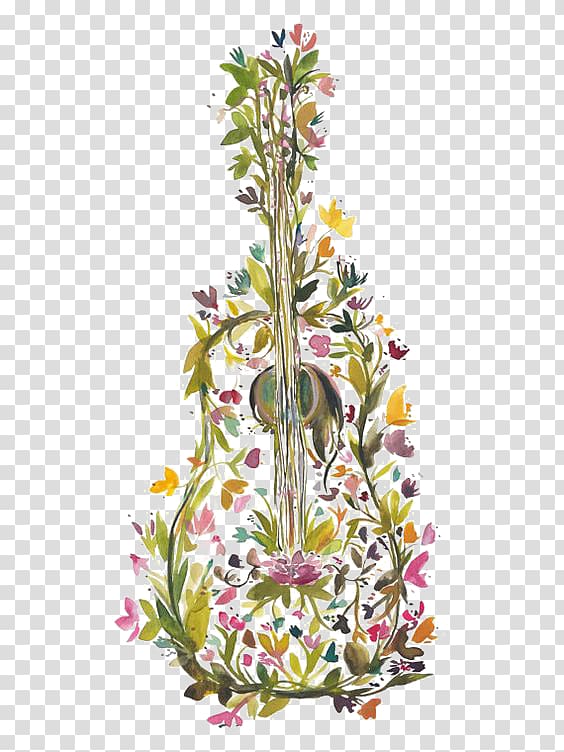 yellow and pink petaled flower illustration, Guitar Modern Watercolor: A Playful and Contemporary Exploration of Watercolor Painting Art Printmaking, guitar transparent background PNG clipart