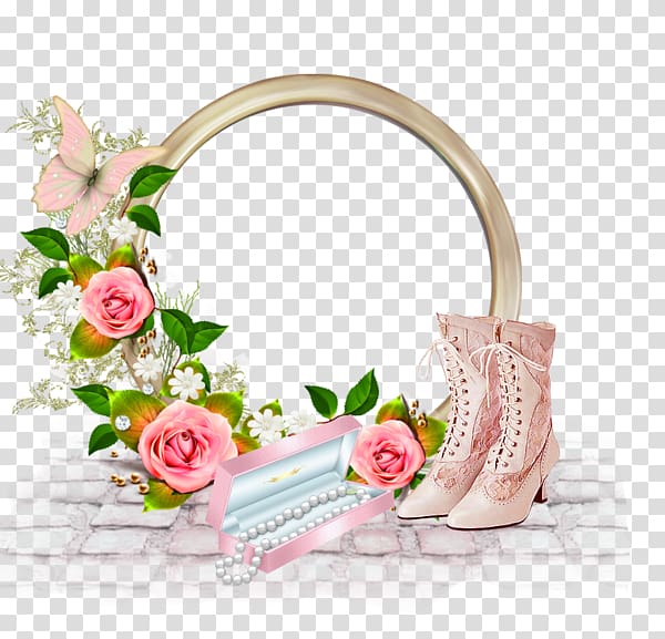pink leather wingtip boots, pearl necklace, and rose decors, Birthday cake Happy Birthday to You, Heels pearl pink flower frame transparent background PNG clipart