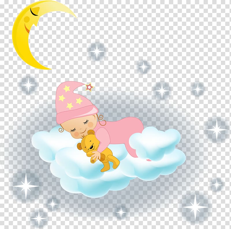 crescent moon and a baby holding bear plush toy animated illustration, Cloud , Baby sleeping in the clouds transparent background PNG clipart