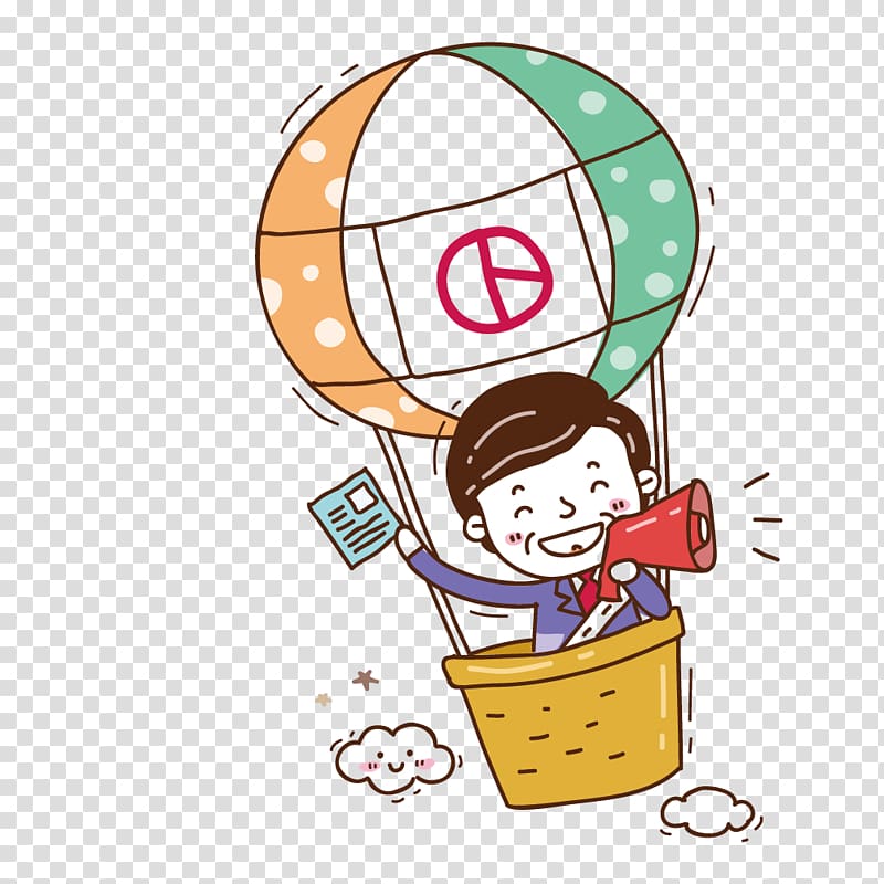 Election Cartoon Publicity Illustration, Take a hot air balloon ride to promote its horn man transparent background PNG clipart