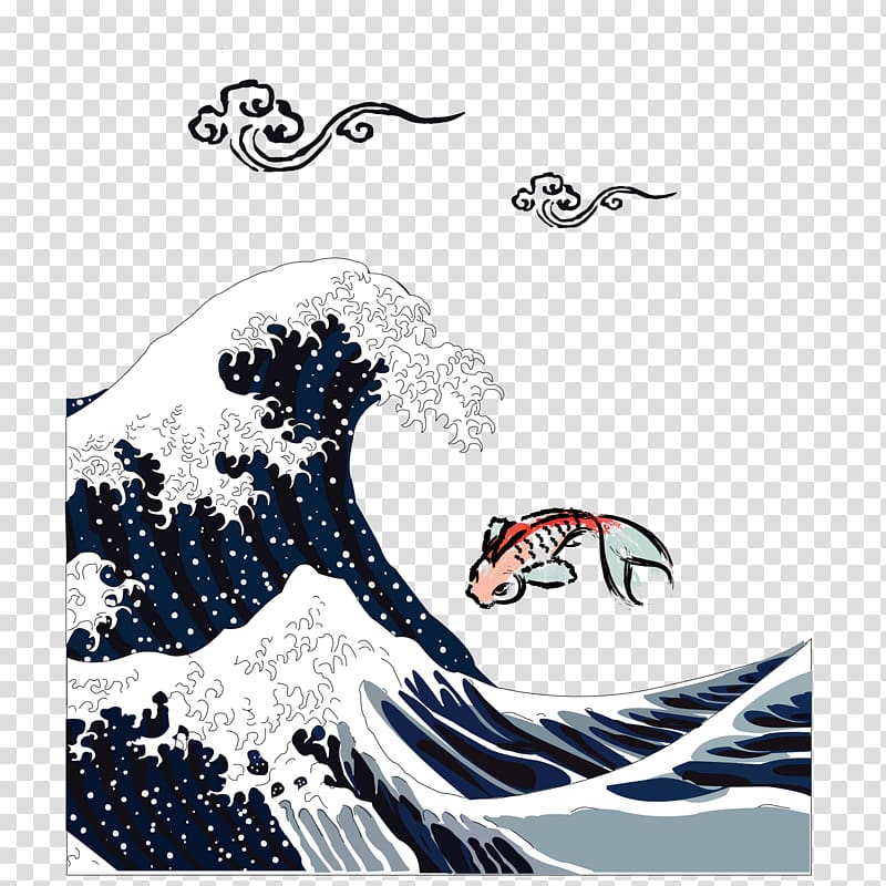wave and fish , The Great Wave off Kanagawa Japan Ukiyo-e Printmaking Poster, The classic ukiyoe Koi background transparent background PNG clipart