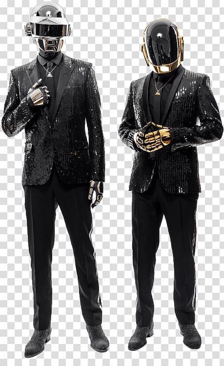 two robots in black suits, Daft Punk Standing transparent background PNG clipart