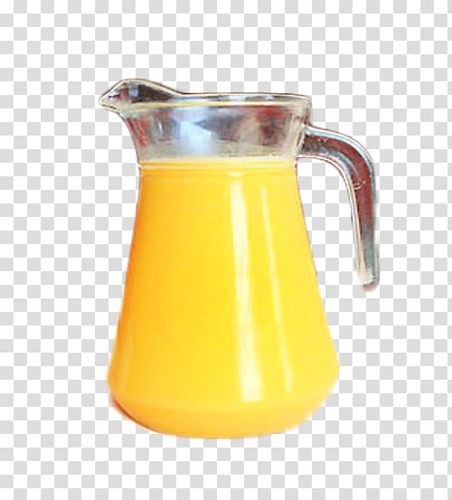 Glass and pitcher with orange juice on transparent