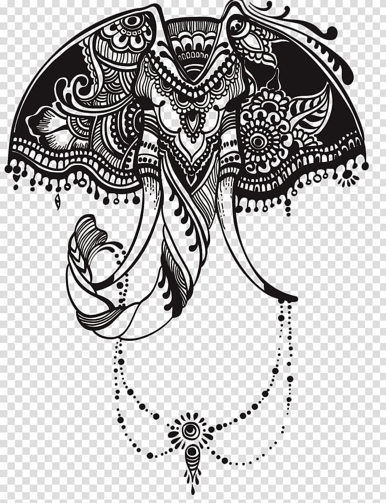 black elephant head art, Printed T-shirt Drawing illustration, Totem Tattoo transparent background PNG clipart