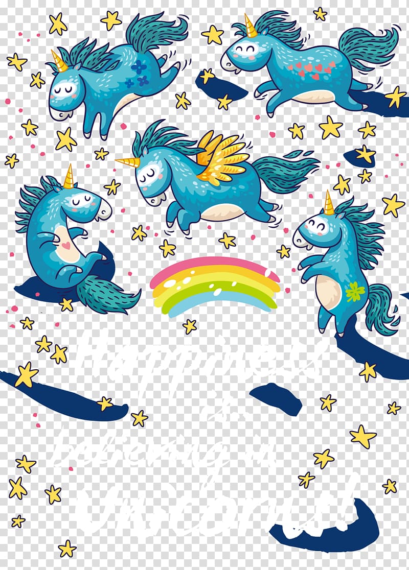 Happiness is Believing text, Unicorn Illustration, Cartoon Unicorn material transparent background PNG clipart
