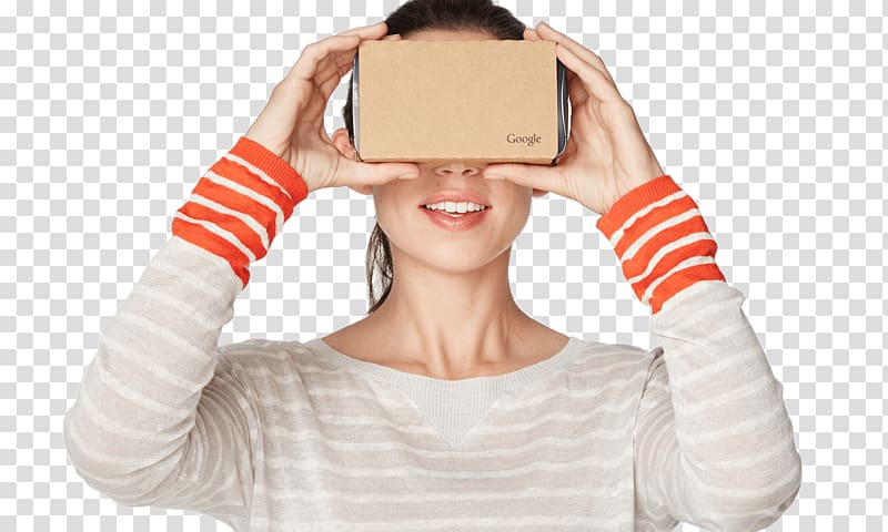 woman wearing Google visual reality glasses, Google Cardboard VR User transparent background PNG clipart
