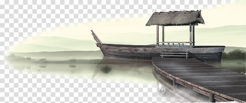 Ink wash painting Chinoiserie, Wooden boat transparent background PNG clipart