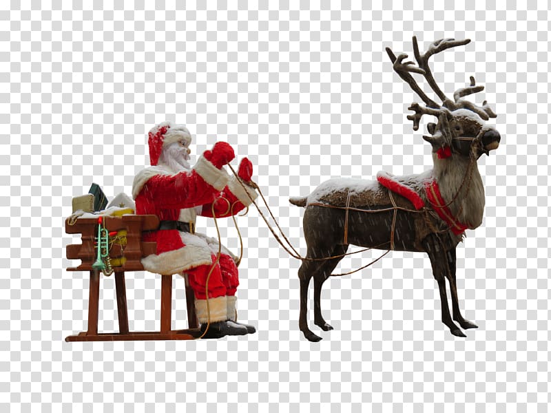 Santa Claus riding sleigh, Santa Claus and Reindeer transparent background PNG clipart