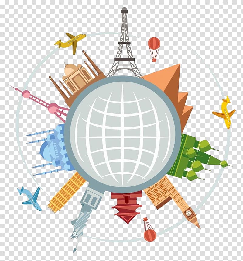 earth and famous landmarks illustration, Round-the-world ticket Tour du monde Travel South America, Global travel elements transparent background PNG clipart