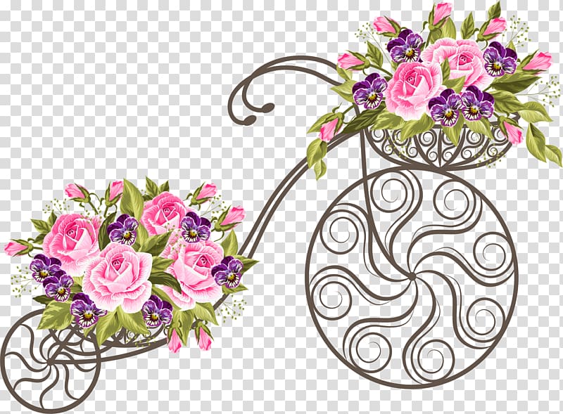 bicycle with flowers illustration, Bicycle basket Flower , Pink roses retro bike transparent background PNG clipart