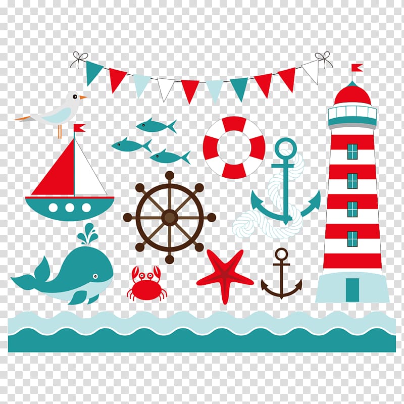 white, red, and teal decor illustrations, Maritime transport Sailboat , Sea Products transparent background PNG clipart