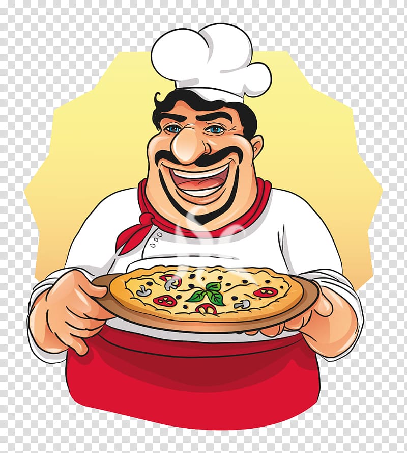 Male chef holding pizza illustration, Pizza Italian