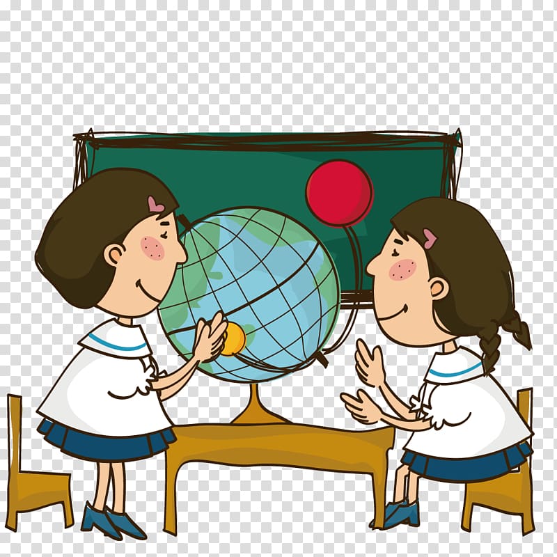 Globe Cartoon Illustration, Men and women look at the globe transparent background PNG clipart