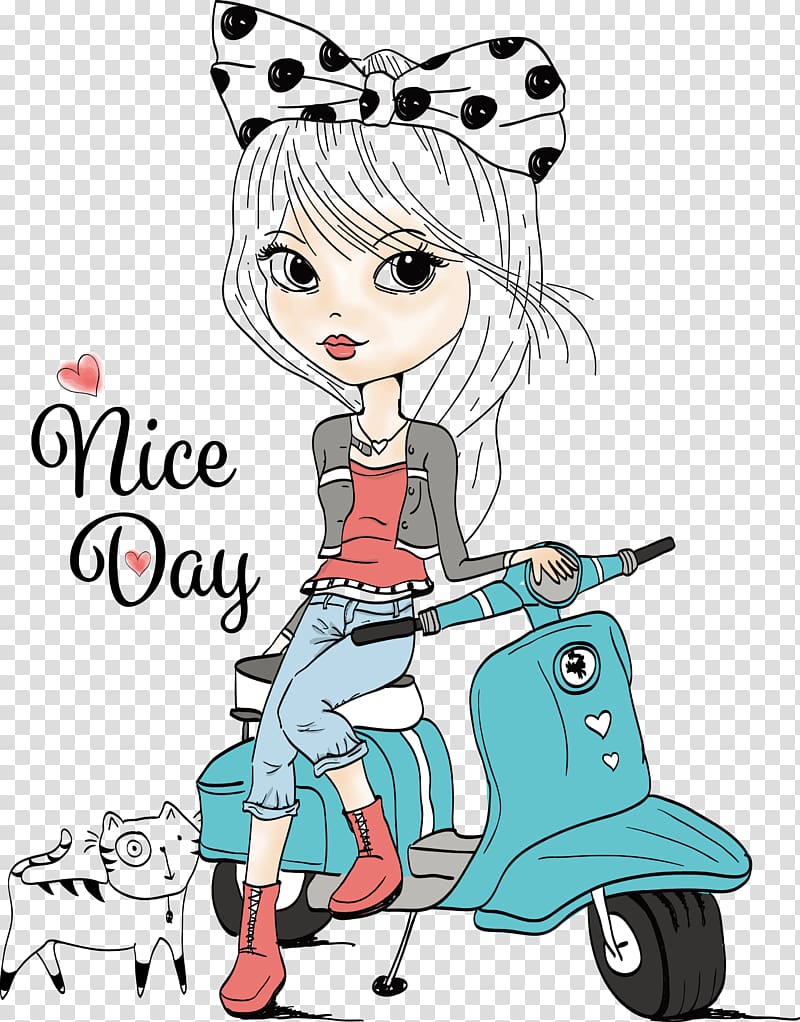 Drawing Girl Illustration, Fashion Girl and electric vehicles, animated woman sitting on motorcycle scooter transparent background PNG clipart
