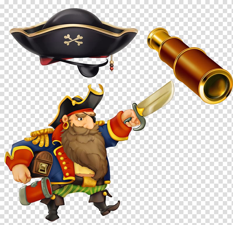 pirate holding sword illustration, Cartoon Piracy Pirates of the Caribbean Illustration, Pirate hat telescope transparent background PNG clipart