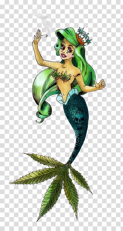green-haired mermaid illustration, Ariel Cannabis smoking Tattoo, cannabis transparent background PNG clipart