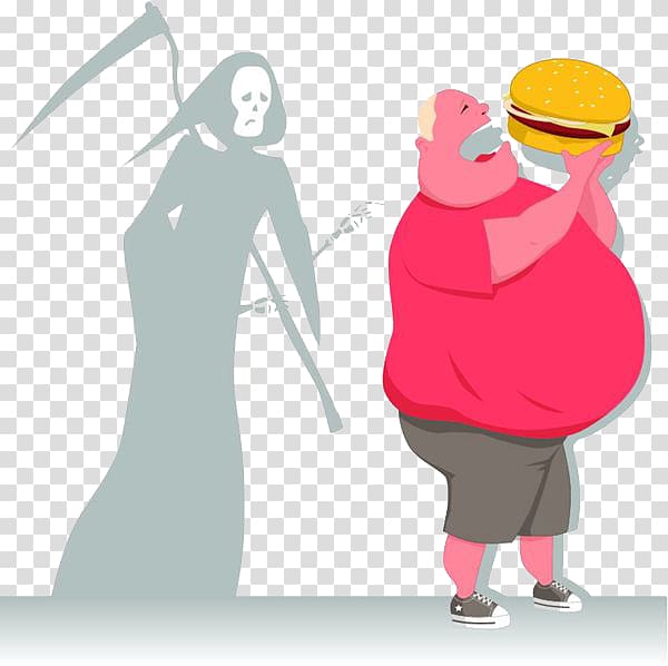 Overeating Obesity Illustration, The fat man is trying to catch hamburgers transparent background PNG clipart