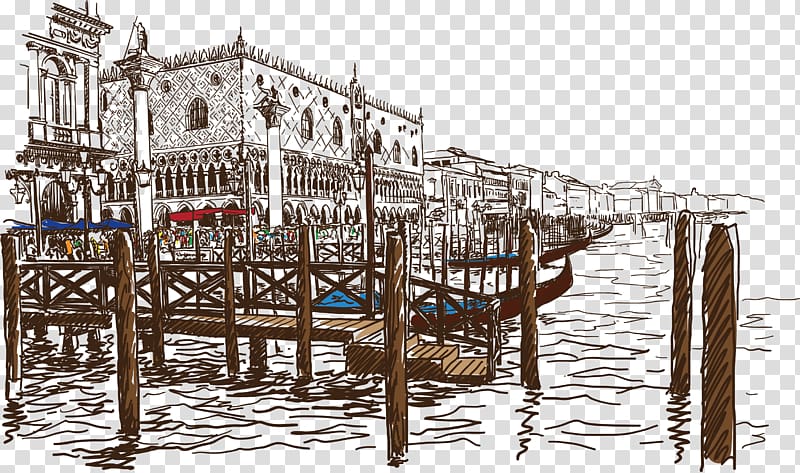 brown wooden sea dock illustration, Venice Drawing Euclidean Pen Sketch, Bay Town transparent background PNG clipart