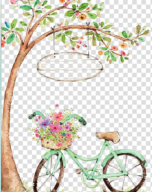 Watercolor painting Bicycle Drawing, Drawing Bicycle, bike under tree illustration transparent background PNG clipart