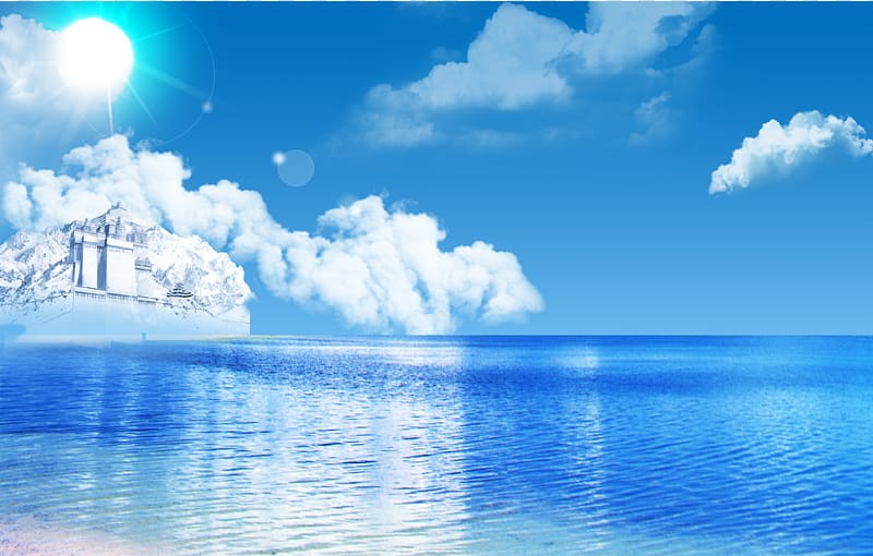white castle surrounded by body of water, Sea Sky Cloud Blue Shore, Sea, cool, blue sky, white clouds, sun, sea, blue transparent background PNG clipart