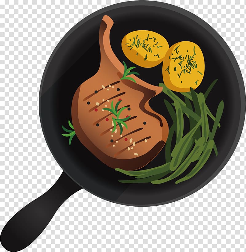 Beefsteak Frying pan Flat design Cartoon, Chicken rice with chart transparent background PNG clipart