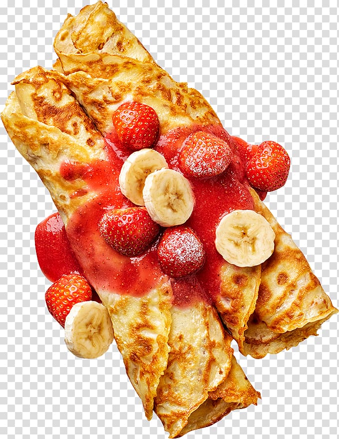 egg omelette with sliced of strawberry and banana, Crxeape Pancake Breakfast Tamagoyaki Waffle, Temptation food egg pie transparent background PNG clipart