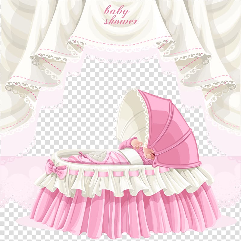 pink bassinet with baby shower text overlay, Infant bed , Cartoon Baby supplies material transparent background PNG clipart