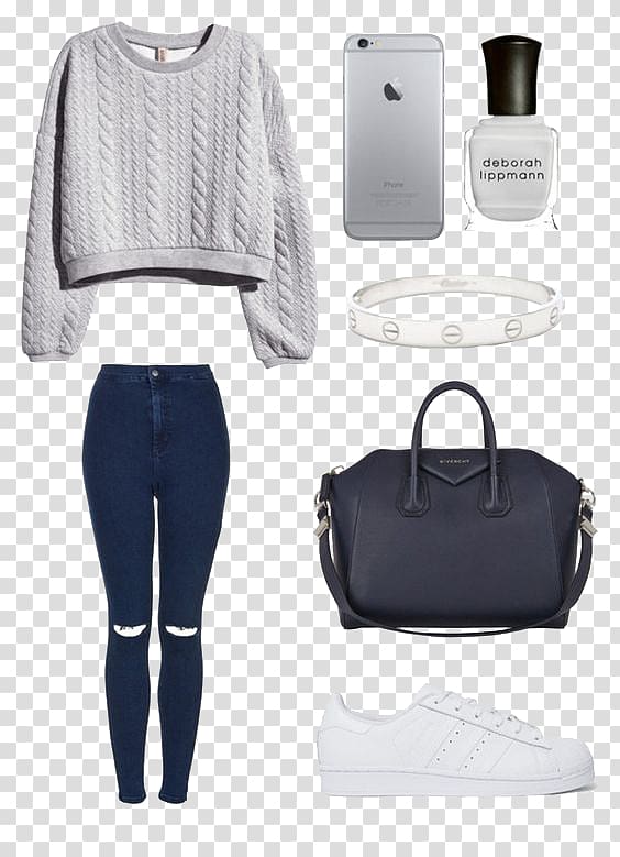 space gray iPhone 6 and gray sweater, Clothing Fashion Polyvore Dress Designer, Women\'s outfits transparent background PNG clipart