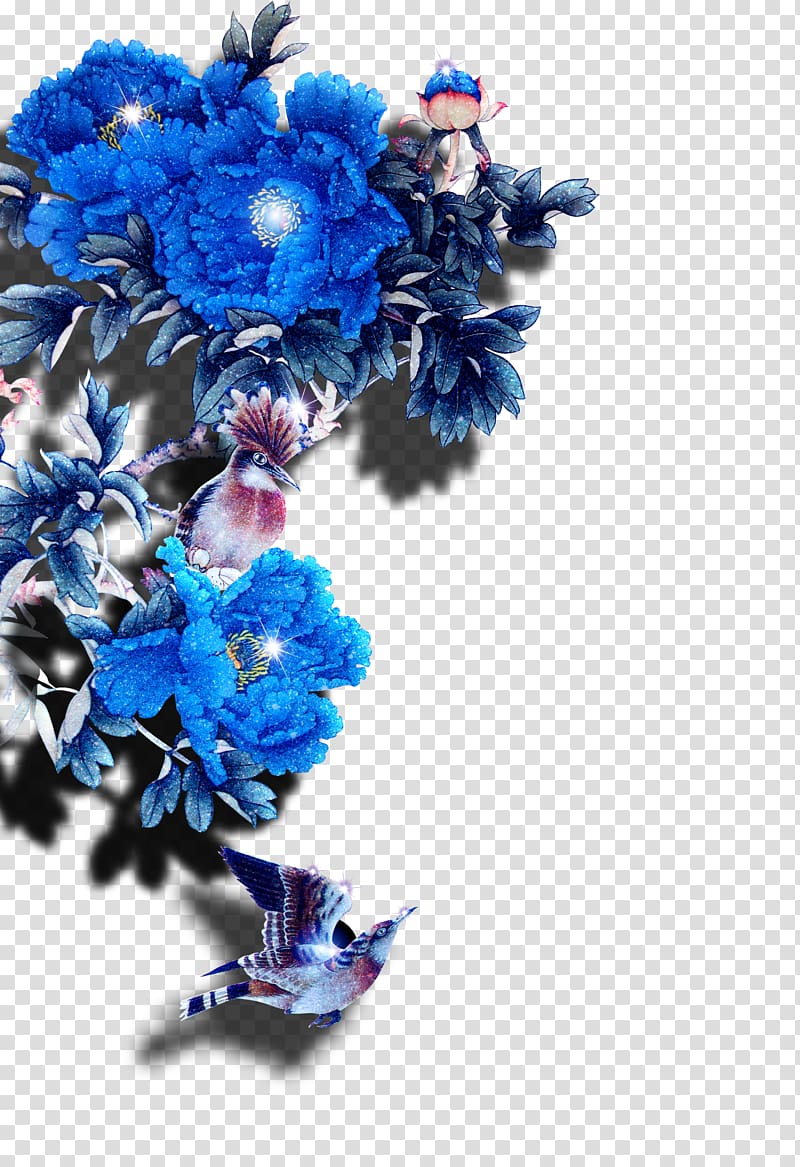 blue petaled flowers with birds , Flower Blue Moutan peony, Beautiful blue flowers transparent background PNG clipart