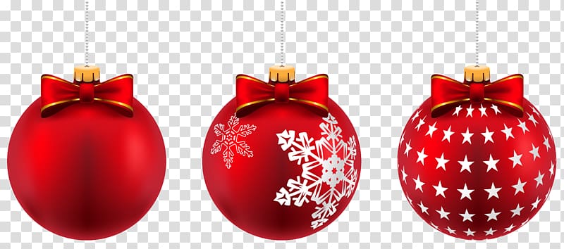 three red Christmas bauble illustrations, Christmas ornament Christmas Day , Beautiful Red Christmas Balls transparent background PNG clipart