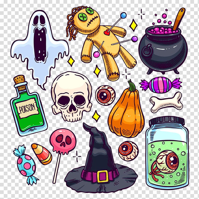 white skull decor , Halloween Cartoon Illustration, Halloween theme transparent background PNG clipart