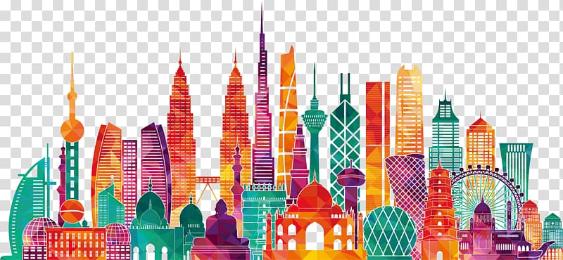 green, red, and purple cityscape artwork, Taj Mahal Landmark Monument Euclidean , Colorful famous landmarks in Asia transparent background PNG clipart