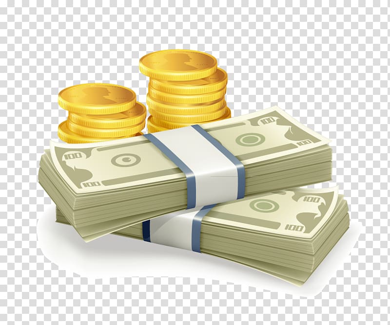 two bundles of banknotes and two stacks of coins illustration against blue background, Money Banknote Drawing, The dollar transparent background PNG clipart
