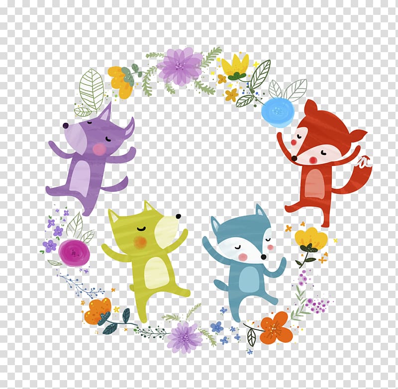 three assorted-color animal art, Cartoon Illustration, Cartoon Fox transparent background PNG clipart