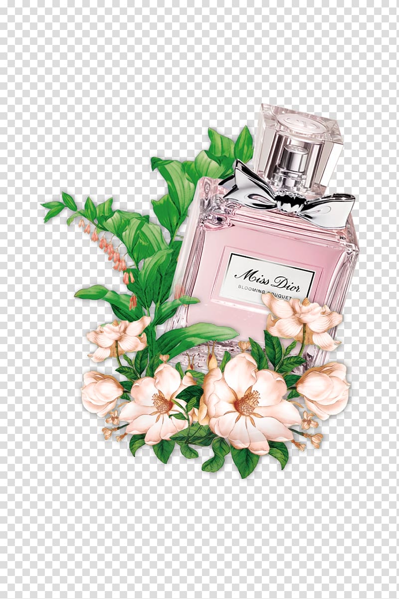 Miss Dior fragrance bottle and brown petaled flowers illustration, Perfume Chanel, Perfume and flowers transparent background PNG clipart