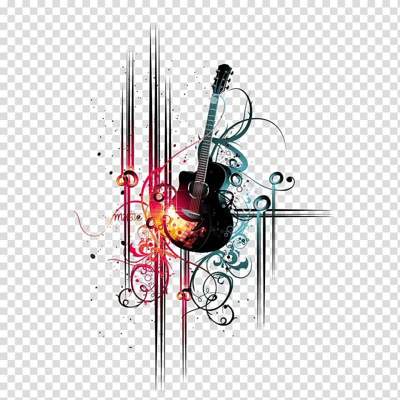black acoustic guitar floral illustration, Musical instrument, Dynamic concert background transparent background PNG clipart