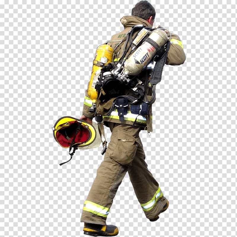 firefighter carrying helmet and oxygen tank, Firefighter Walking transparent background PNG clipart