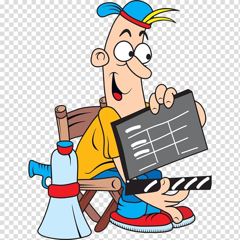 Film director , Cartoon man holding log card transparent background PNG clipart