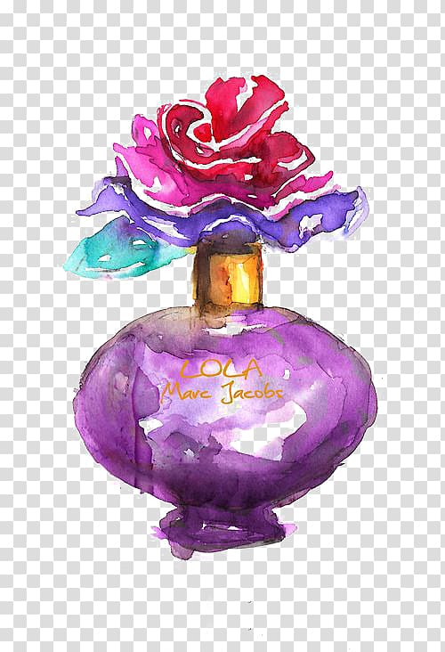 purple Marc Jacobs Lola fragrance bottle art, Watercolor painting Drawing Fashion illustration Perfume Illustration, perfume transparent background PNG clipart