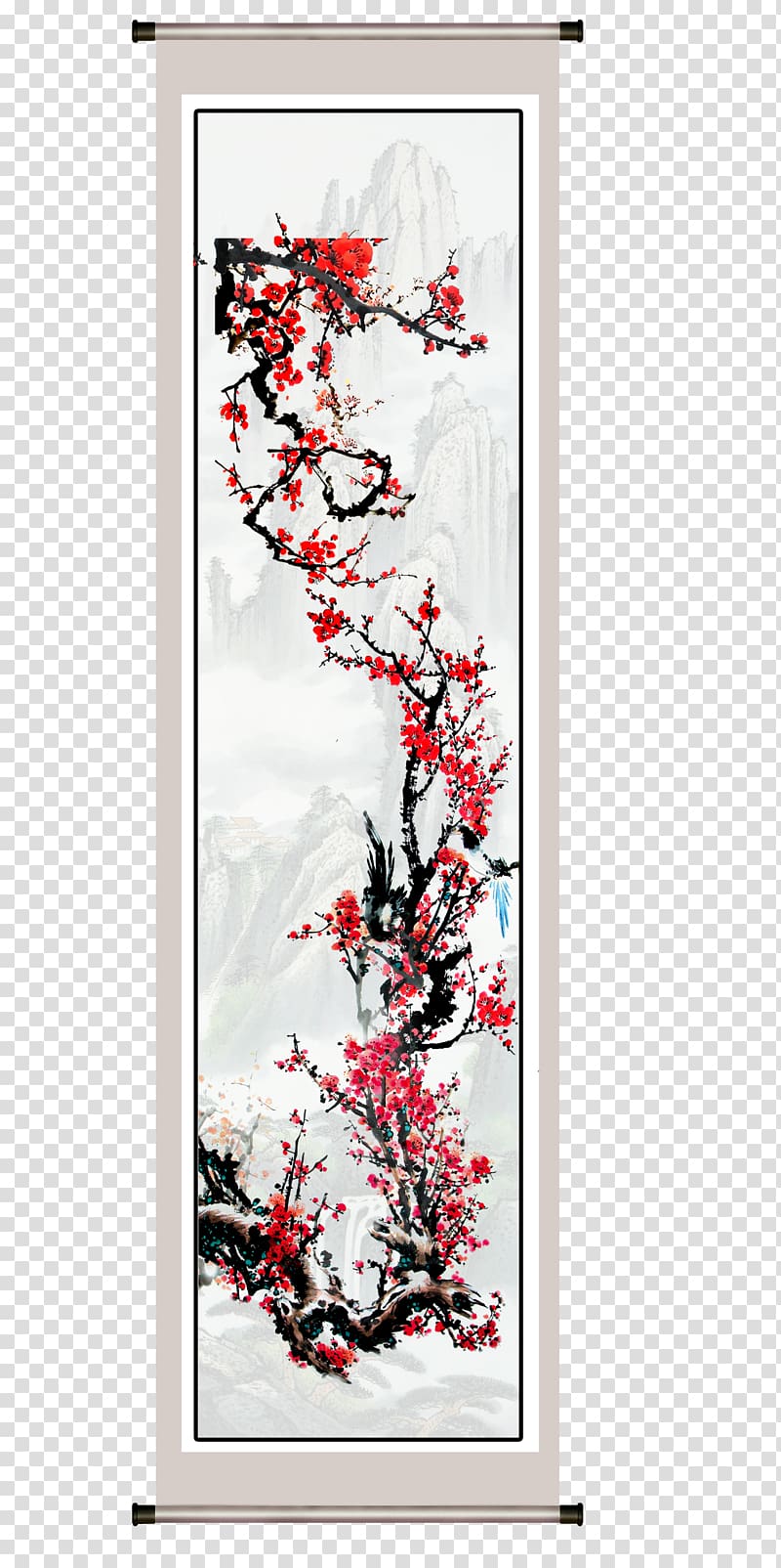Ink wash painting Plum blossom Hanging scroll, Plum hanging scroll transparent background PNG clipart