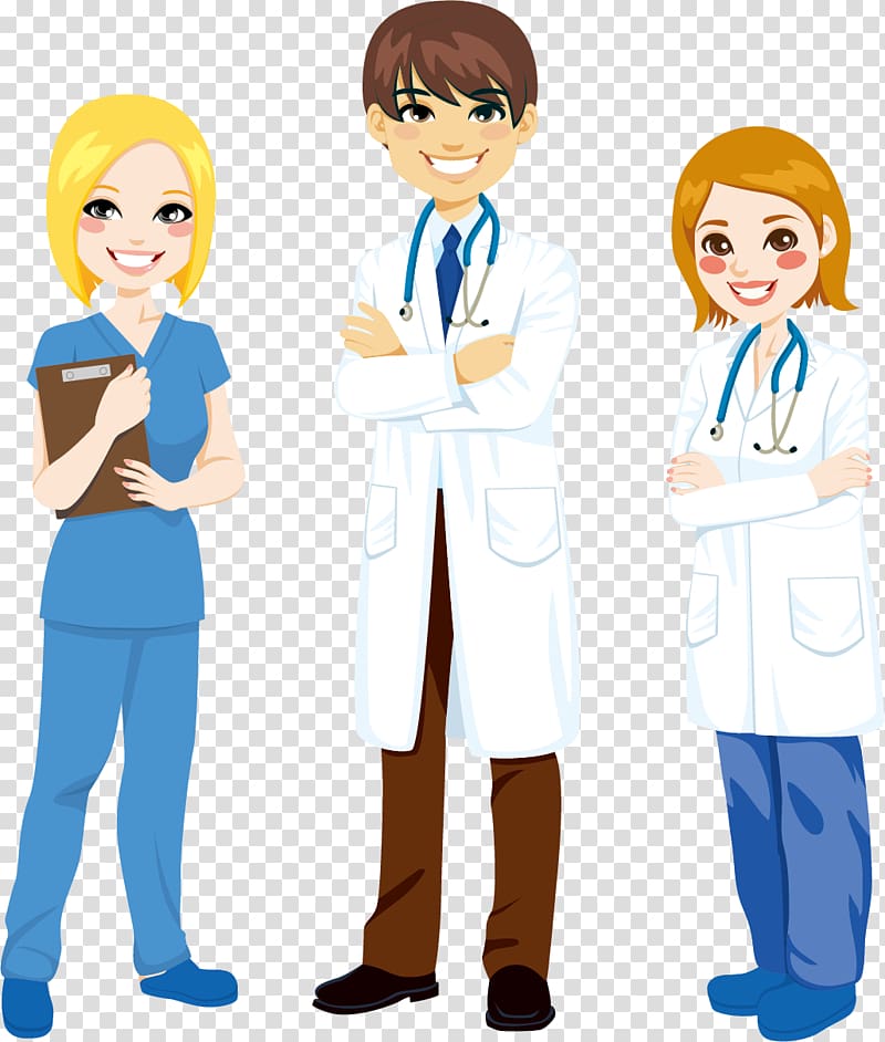 three person illustration, Nursing Cartoon , Male and female doctors and nurses characters material Free ,, transparent background PNG clipart
