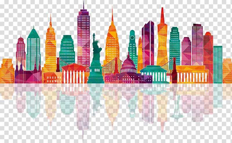 US cityscape art, New York City New England Meridian Great Plains Hotel, Colorful city building silhouettes transparent background PNG clipart