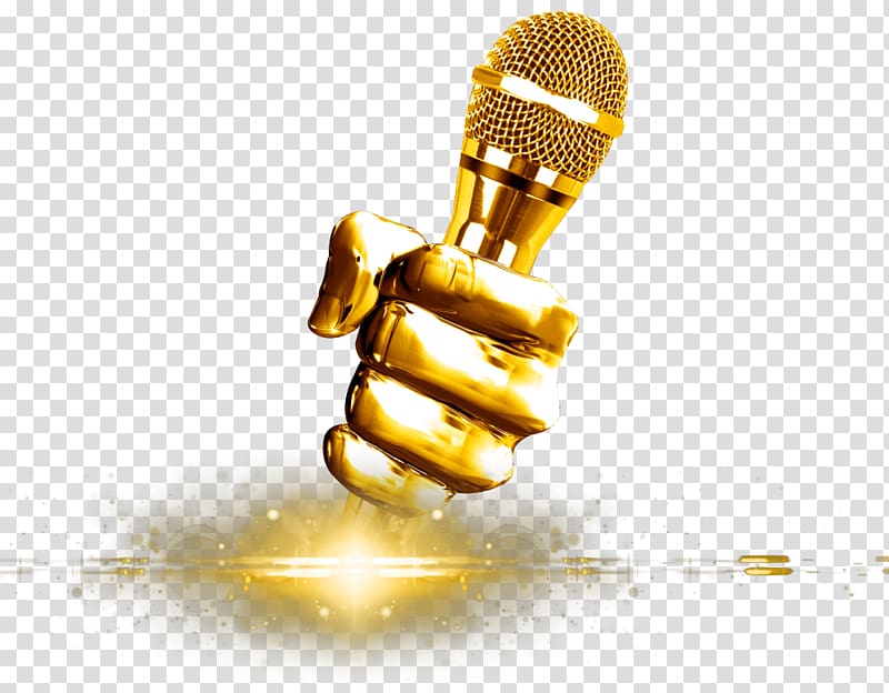 gold hand holding microphone illustration, Karaoke Studio Microphone Singing, Creative microphone transparent background PNG clipart