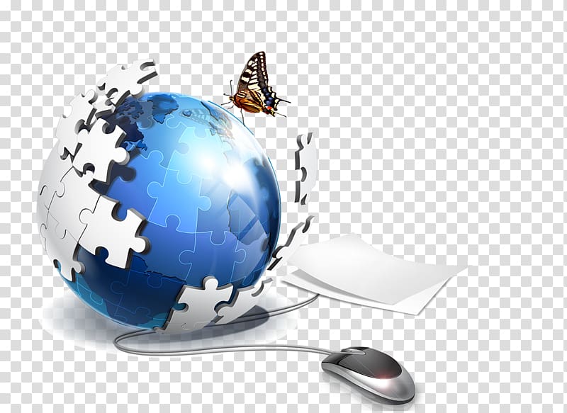 brown and black butterfly on blue and gray puzzle globe and gray corded mouse art illustration, Information technology, Earth transparent background PNG clipart