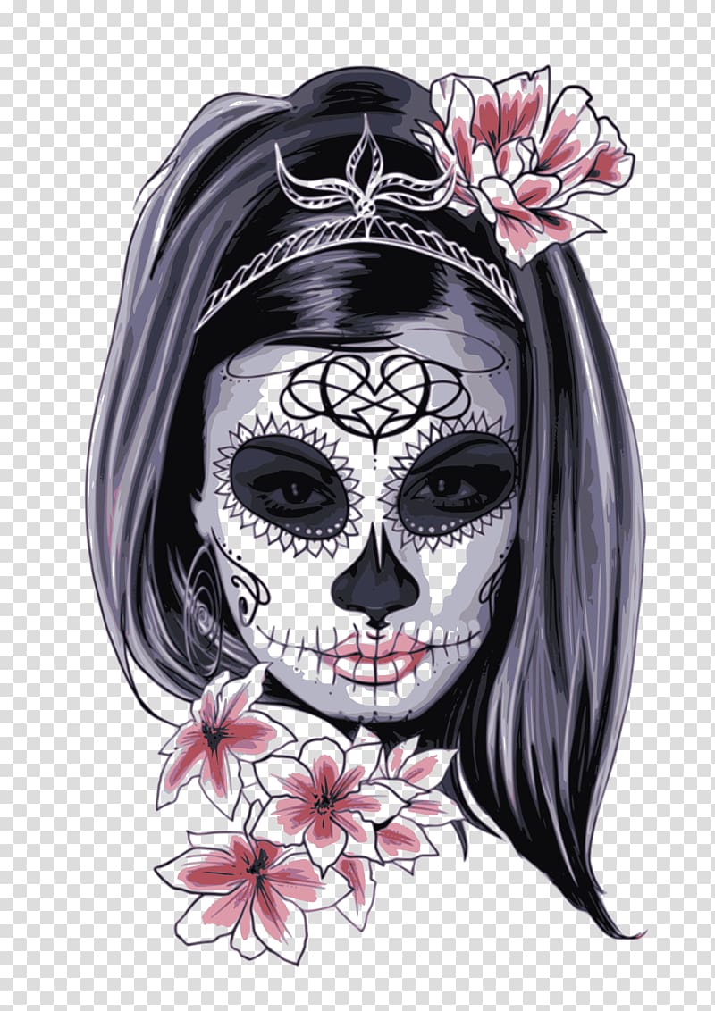 woman wearing calavera face paint illustration, La Calavera Catrina Day of the Dead Skull Halloween, sugar skulls transparent background PNG clipart